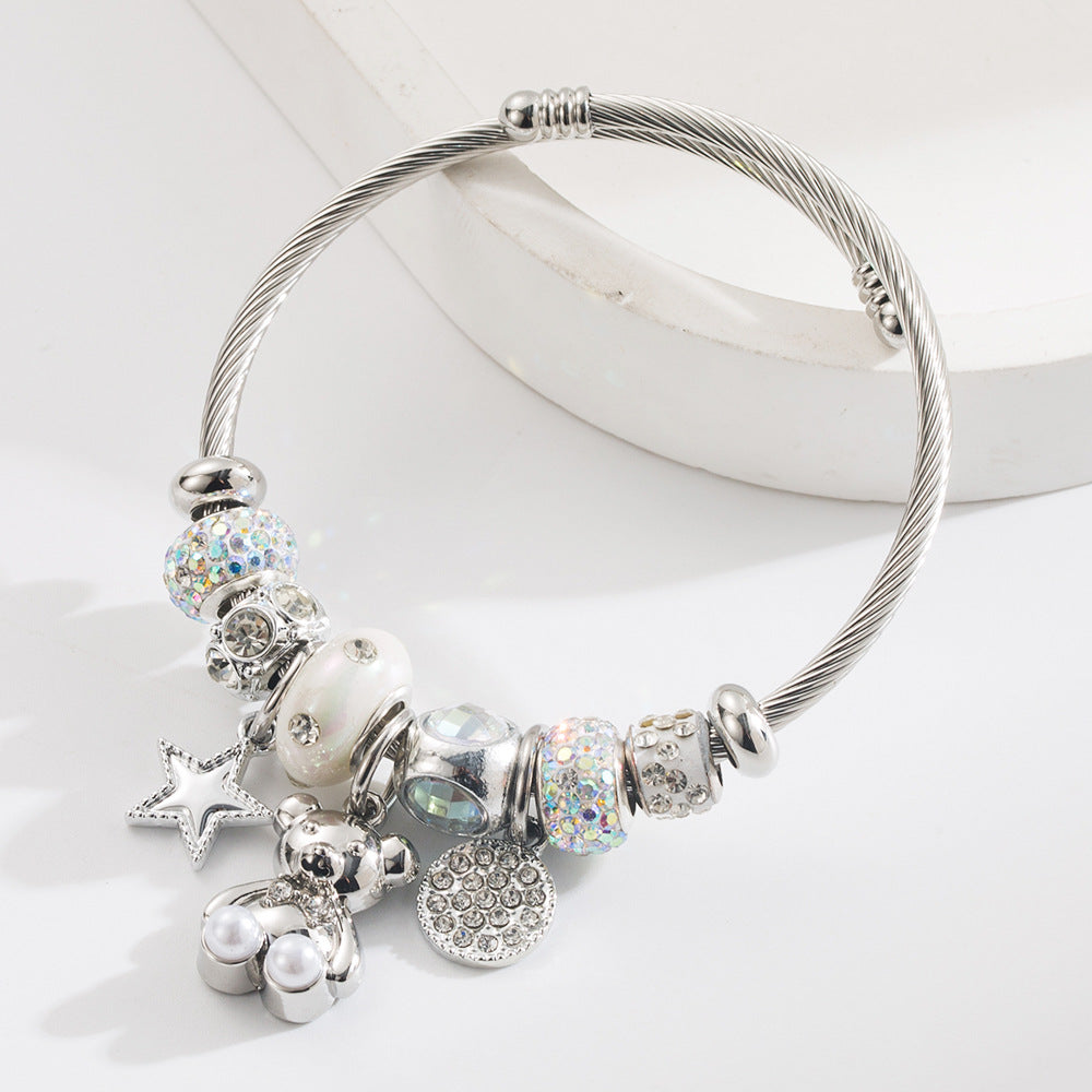 Wholesale  New Style Personalized Creative DIY Bear Star Round Stainless Steel Bracelet Alloy Diamond Adjustable Bracelet